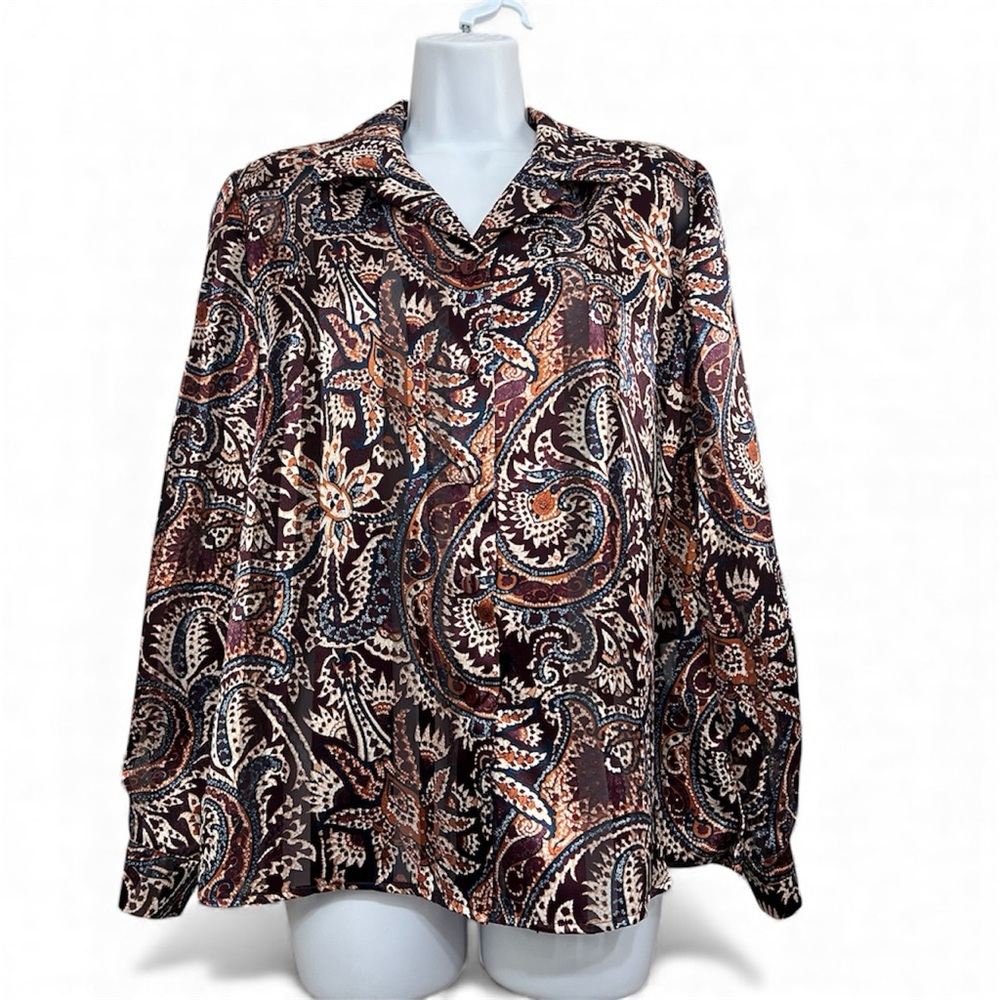 Vtg Burgundy Paisley Sheer Button Front Top 8P Satin Boho Retroβ Fall Layering